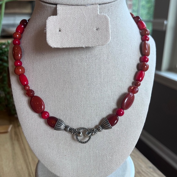 Carnelian red jasper, carnelian and red coral multi gem sterling silver necklace - Picture 2 of 9